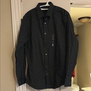 Black Casual Button Down Shirt with Polka Dots and Long Sleeves